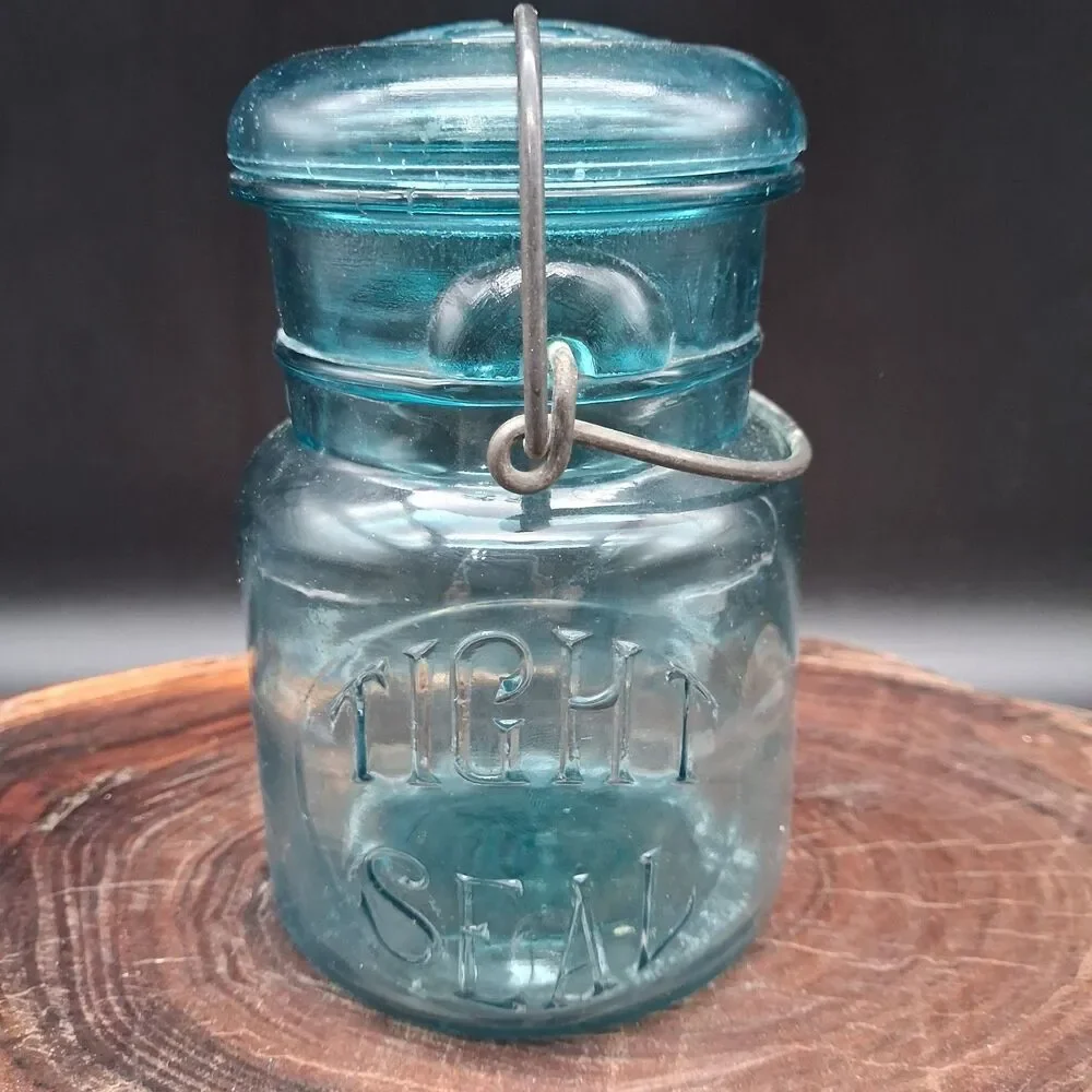 Antique Aqua Tight Seal Pint Mason Jar Original Glass Lid Wire Bail Patent 1908